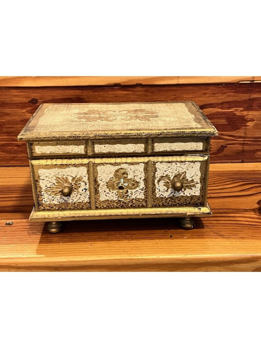 Vintage Florentine Wood Jewelry Box Distressed Needs Knob Fixer As Is 9”x6”